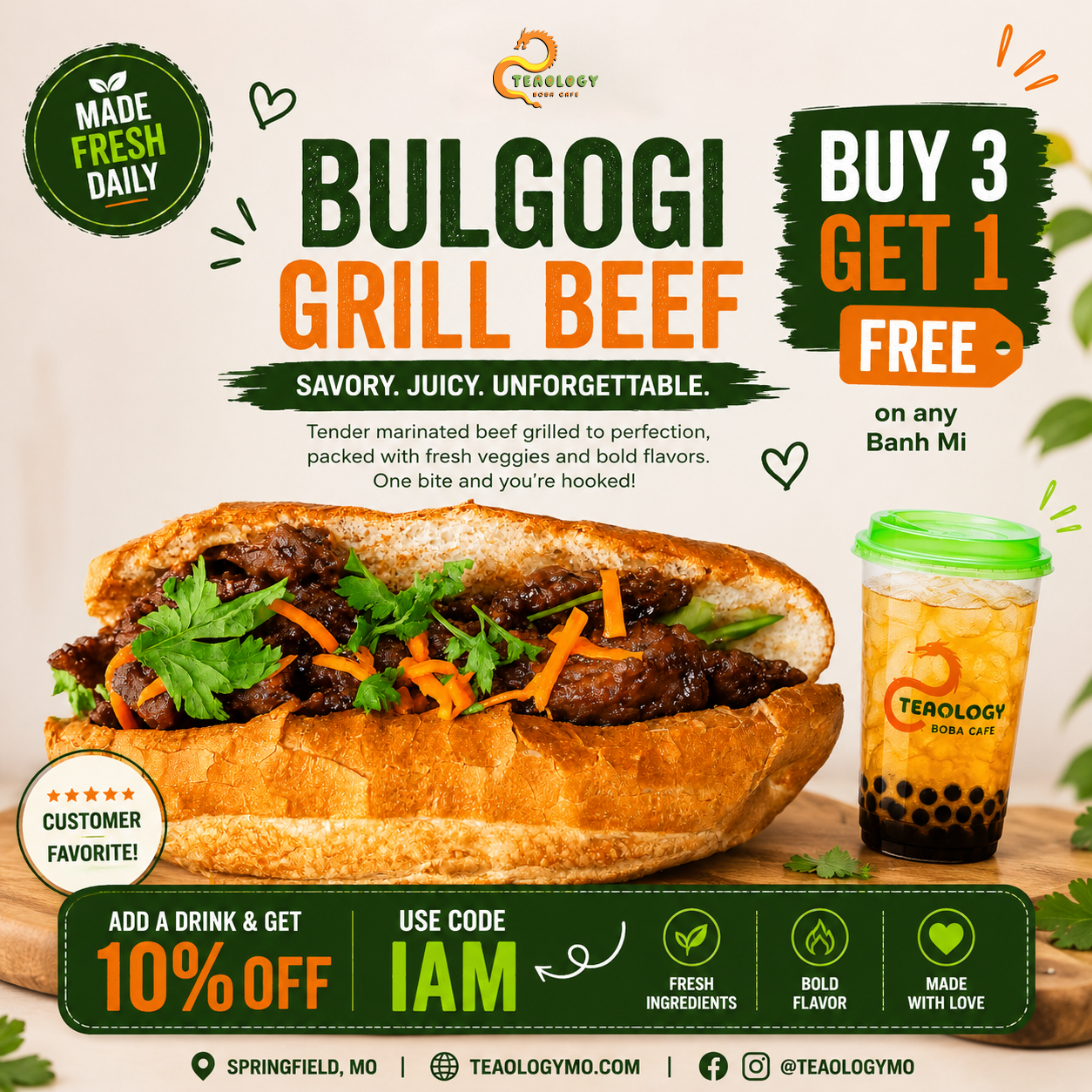 BM1 BULGOGI GRILL BEEF at Teaology Boba & Cafe in Springfield, Missouri
