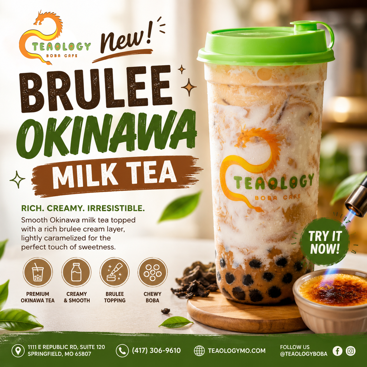 M13 BRULEE OKINAWA MILK TEA (ROASTED OOLONG) at Teaology Boba & Cafe in Springfield, Missouri