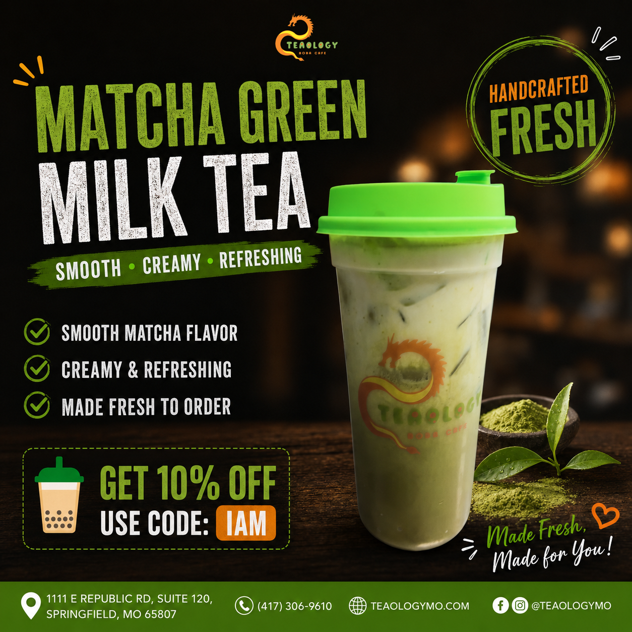 MT9 MATCHA GREEN MILK TEA at Teaology Boba & Cafe in Springfield, Missouri