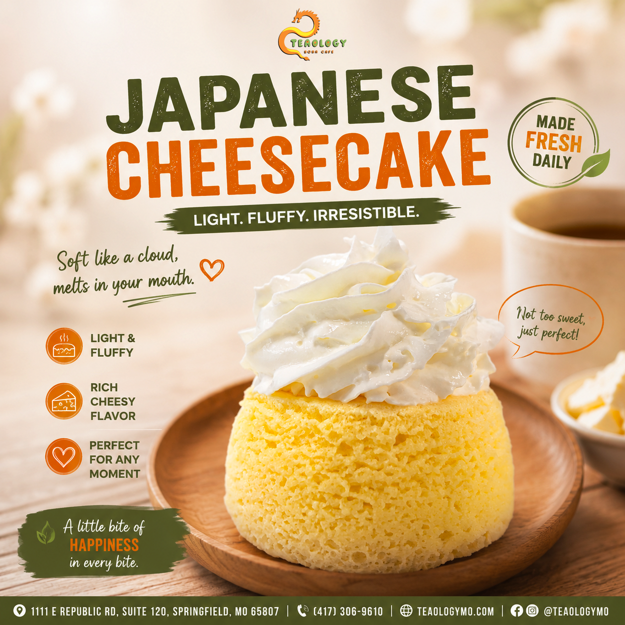 SD1 JAPANESE CHEESECAKE at Teaology Boba & Cafe in Springfield, Missouri
